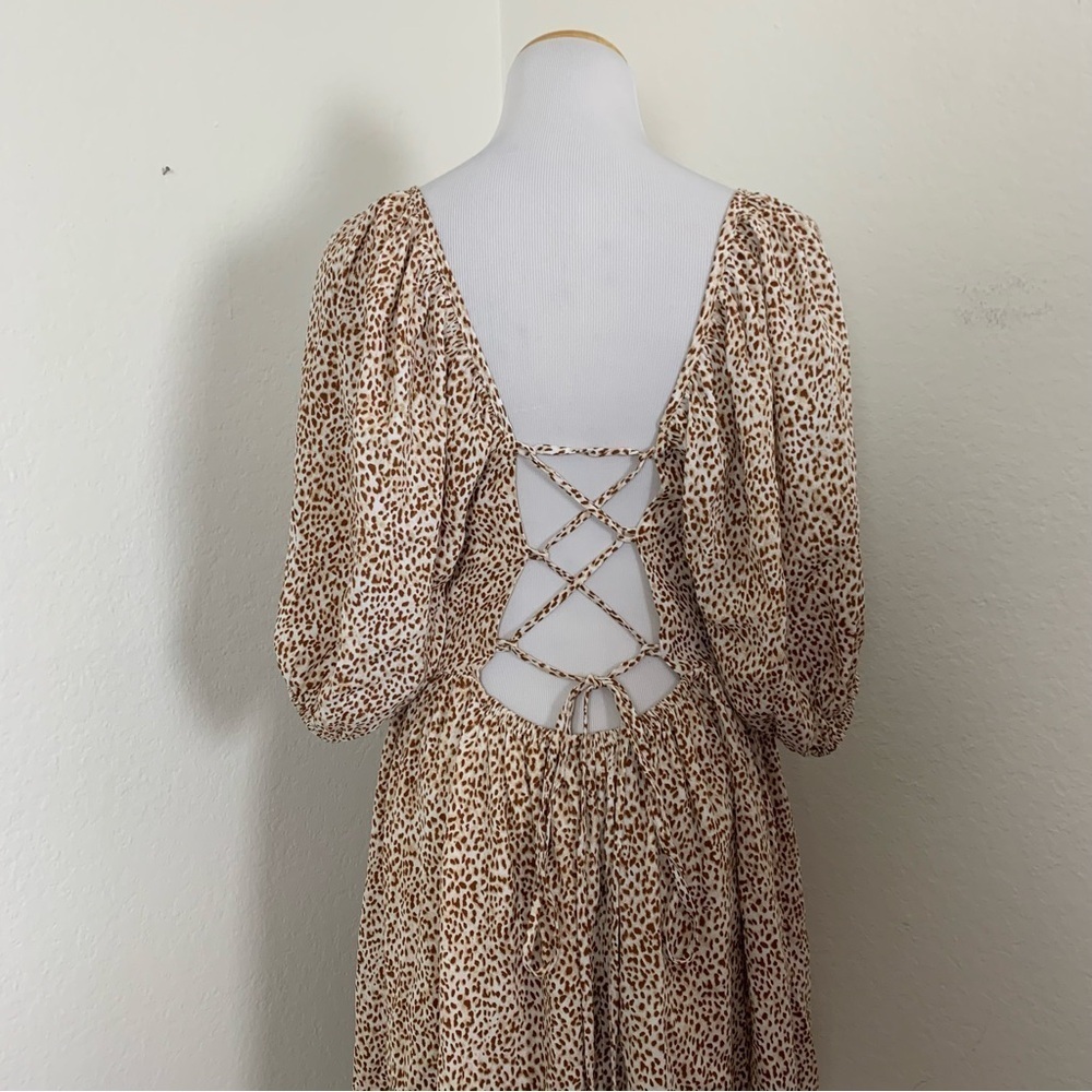 By Together Animal Print Baby Doll Mini Sun Dress Lace Up Back Sz L - Picture 5 of 17
